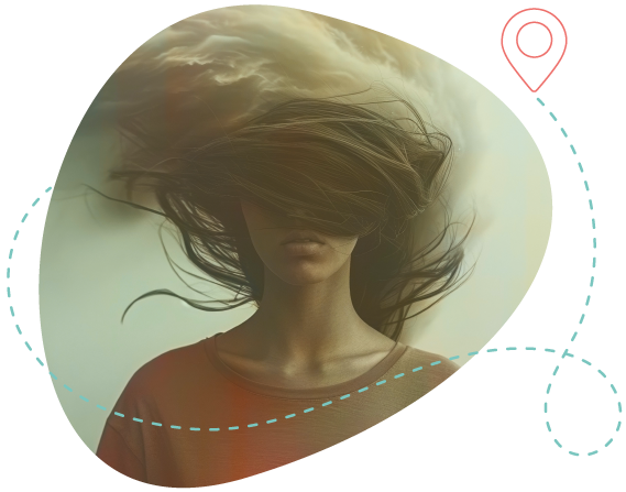 Artistic portrait of a person with tousled hair against a cloud-filled background, representing the symptoms of extreme anxiety and its effects on the body.