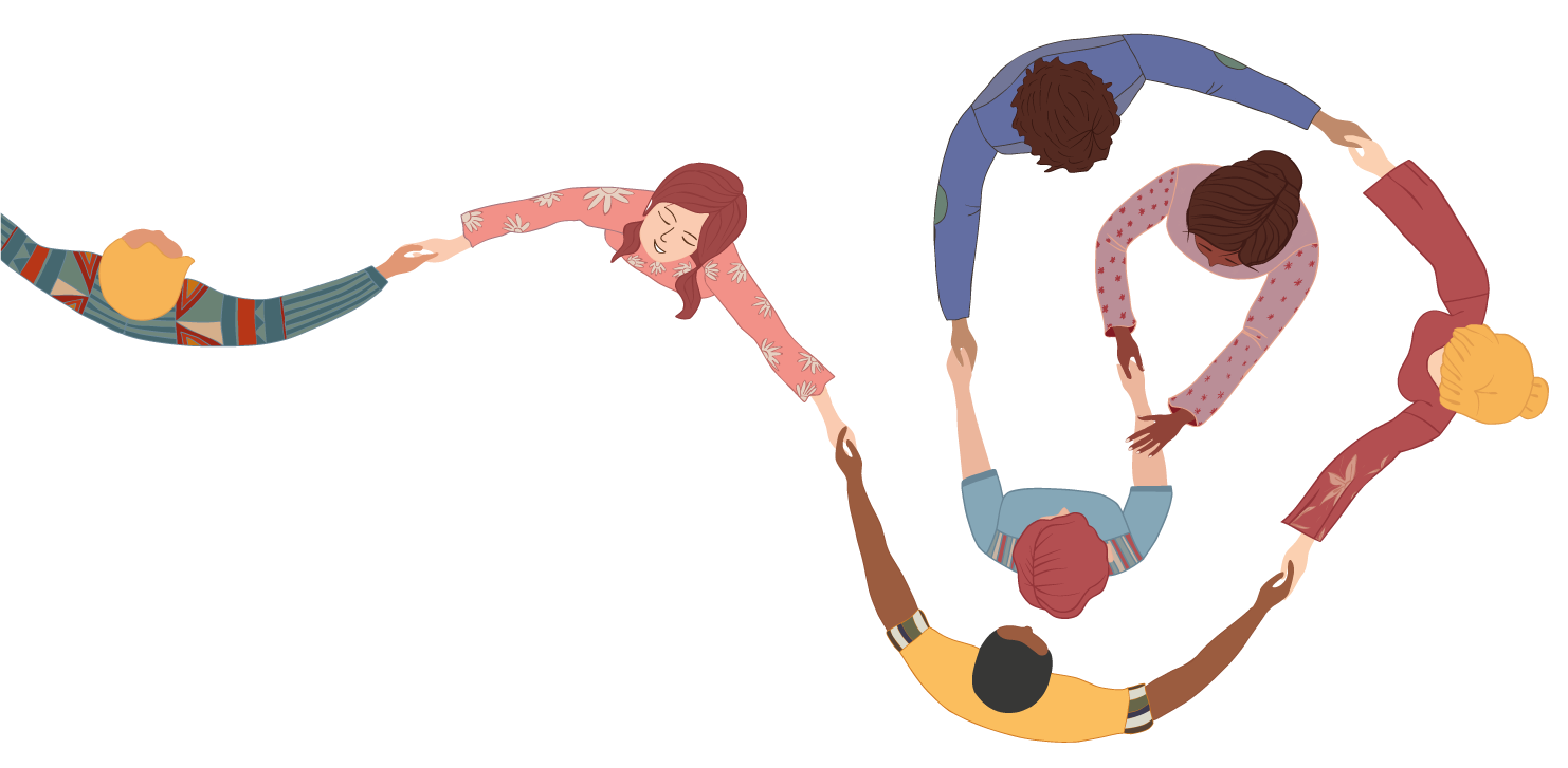 Ilustración aérea de personas de diversos orígenes tomadas de la mano, simbolizando una red de apoyo psicológico y conexión emocional.
