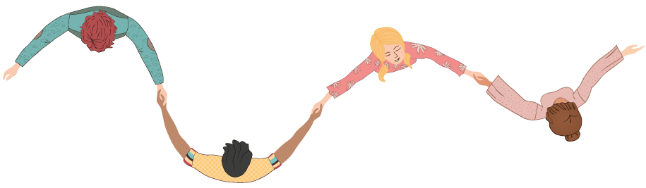 Top-down illustration of diverse people forming a circle and holding hands, symbolizing an emotional support network.